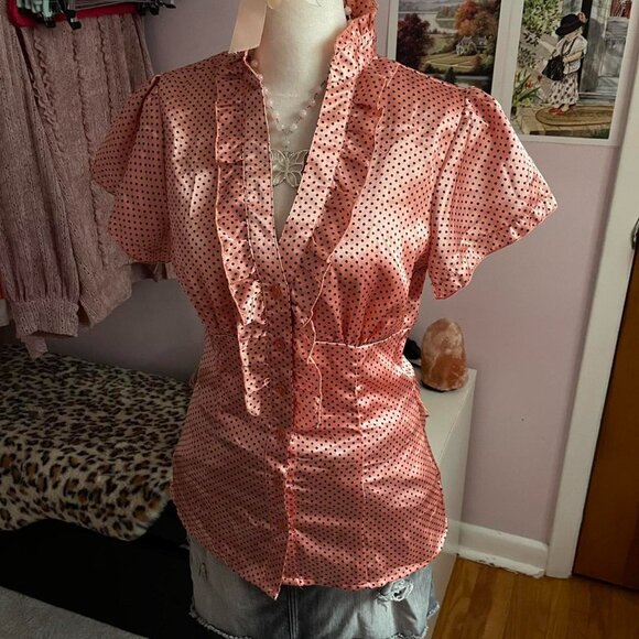 Pink Polka Dot Satin Blouse with Ruffles - Picture 2 of 6